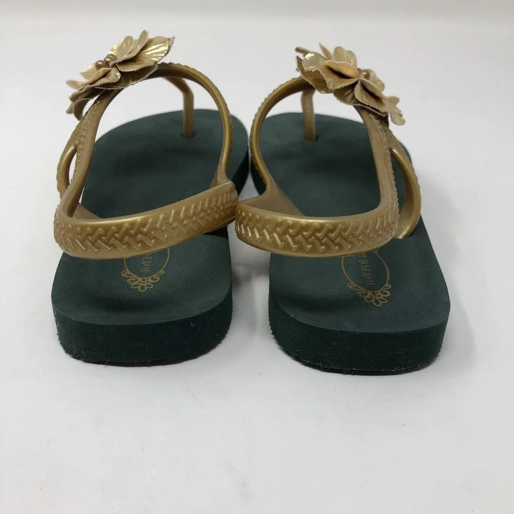 Joy Folie Verena Forest Green Gold Floral Flip Flops Girls 11 12 Sandal